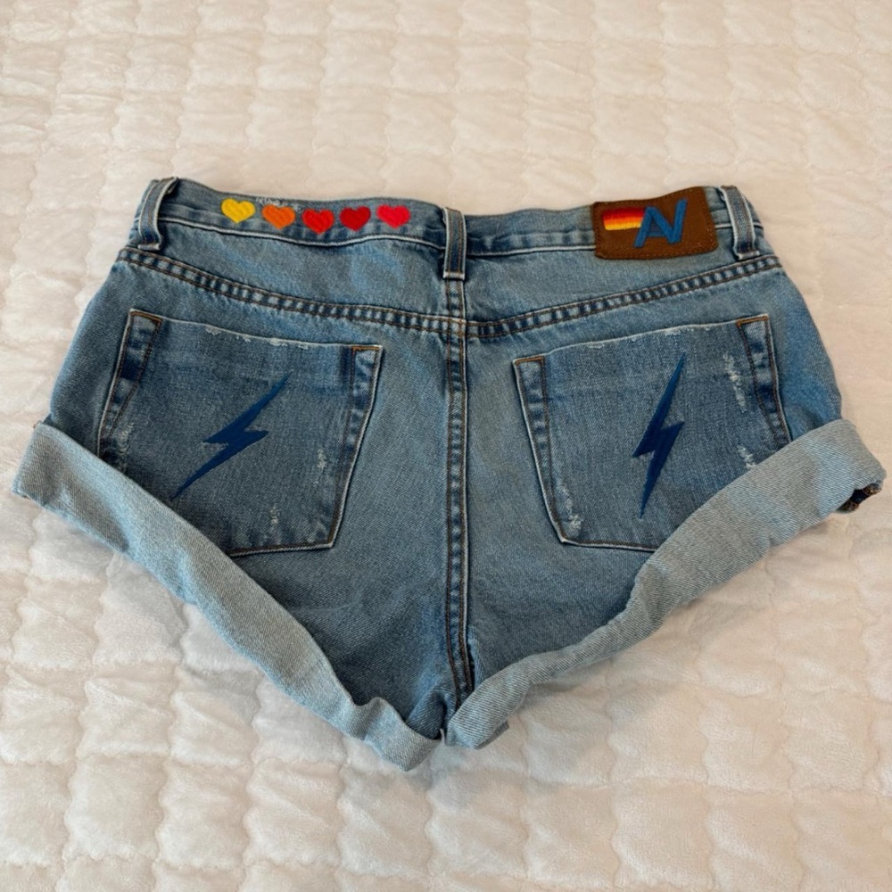 Aviator Nation Light Blue Jean Shorts with Lightning Bolt
